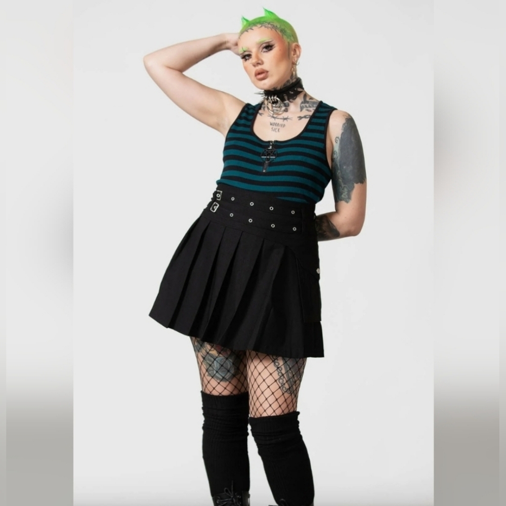 Killstar "Possessed" Striped Rib Crop Tank Top Green & Black